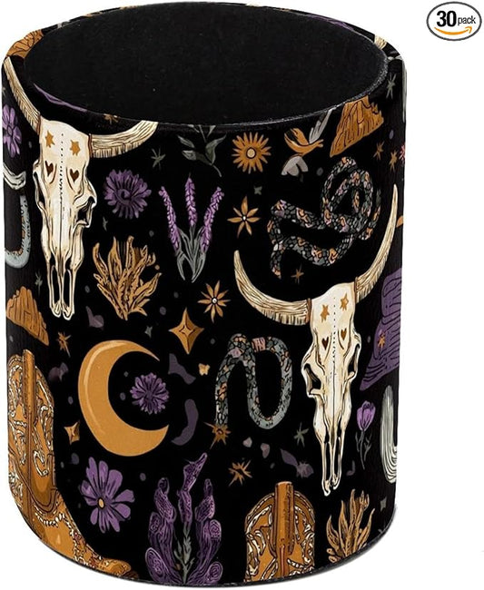 Western Boho Style Bull Skulls Pattern Circular Pen Holder, Pen Cup Makeup Brush Holder, Design for School, Home and Stationary Supplies (3.9 x 3.1 Inches)