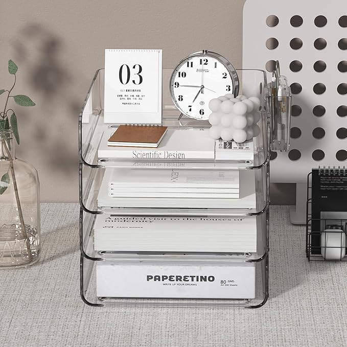 4-Tier Acrylic Paper Tray Organizer with Pen Holder | Clear Stackable Desk Organizer for Documents, Letters, A4 Paper | Modern Office/Classroom/Home Organization