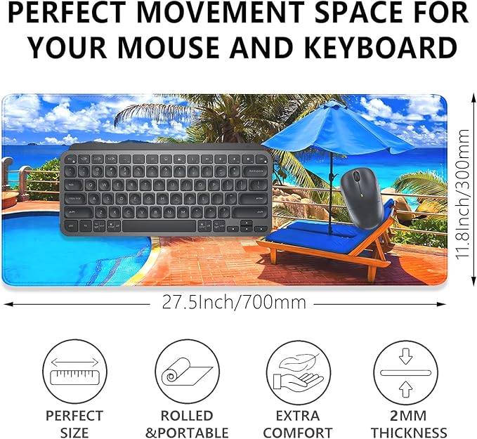 Swimming Pool and Sea Desk Pad Mouse Pad,Large Summer Blue Gaming Mouse Mat with Stitched Edges,Non-Slip Waterproof Rubber Base Mousepad for Office Work Home Desk Mat(27.5X11.8 in)