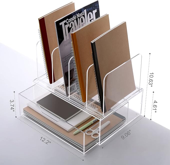 Desk Organizers and Accessories, Acrylic Desk Organizer with Drawer, Office Supplies Organization Storage, Clear Acrylic File Organizer for Desk - 1 Pack
