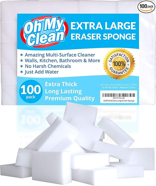 (100 Pack) Extra Large Eraser Sponge - Extra Thick, Long Lasting, Premium Melamine Sponges in Bulk - Multi Surface Power Scrubber Foam Cleaning Pads - Bathtub, Floor, Baseboard, Bathroom, Wall Cleaner