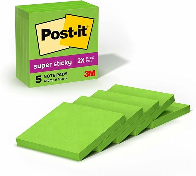 Post-it Super Sticky Notes, 5 Sticky Note Pads, 3 x 3 in., School Supplies, Office Products, Sticky Notes for Vertical Surfaces, Monitors, Walls and Windows, Limeade Green