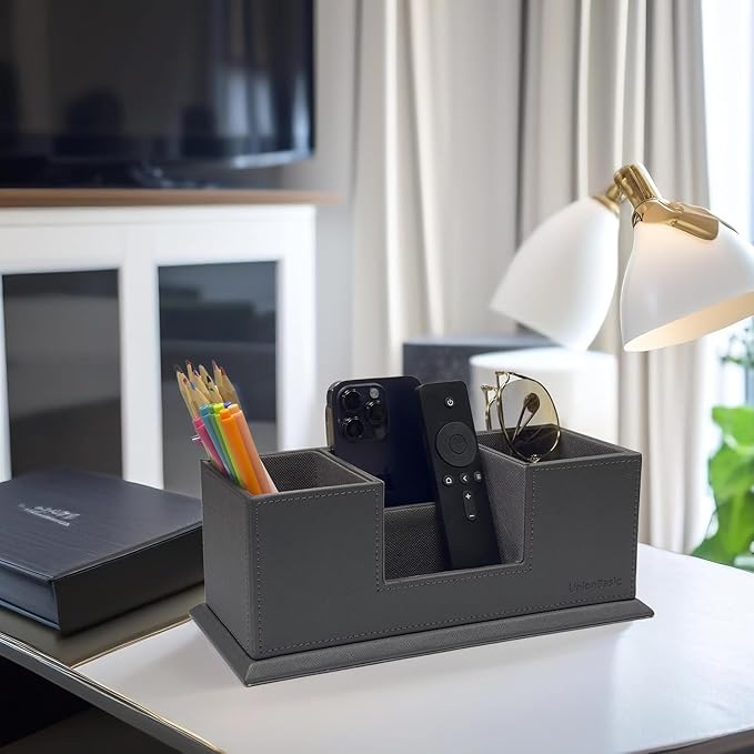 UnionBasic Desk Organizer, Desktop Caddy Leather Multi-compartment Pen Holder Office Stationer Organizer, Gray