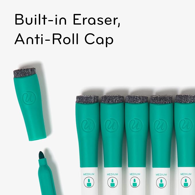 U Brands Fine Tip Dry Erase Markers with Eraser, Whiteboard Markers, Low Odor, Green, Set of 12