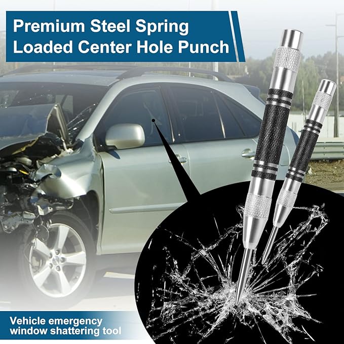 2Pcs Heavy Duty Automatic Center Punch, 5'' Premium Steel Spring Loaded Center Hole Punch, Adjustable Spring Impact Center Marker Scriber Tool for Metel, Plastics, Wood, Glass by karmiero