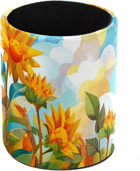 Watercolor Art Sunflower PVC Leather Circular Pencil Holder for Desk Organizer Stationery Holder for Office, School(3.9 x 3.1 Inches)