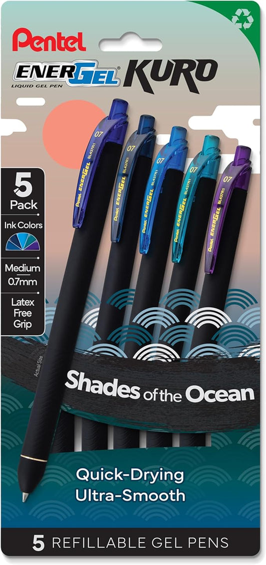 Pentel EnerGel Kuro Shades of the Ocean, Retractable Liquid Gel Pen, Assorted Ink Colors, Pack of 5 (BL437OCNPF5)
