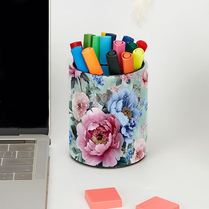 Leather Pen Holder for Desk Classical Vintage Floral Pencil Cup Desktop Organizer Makeup Brush Holders Office Supplies for Home, Kids & School