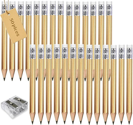 Adhere 50pcs Golf Pencils with eraser Hexagon Wooden Pencils Graphite 2B for Golf Event Scoring,Classroom,Wedding,Company Meetings,Pew, Pocket (z-Gold・Hexagon・50pcs)