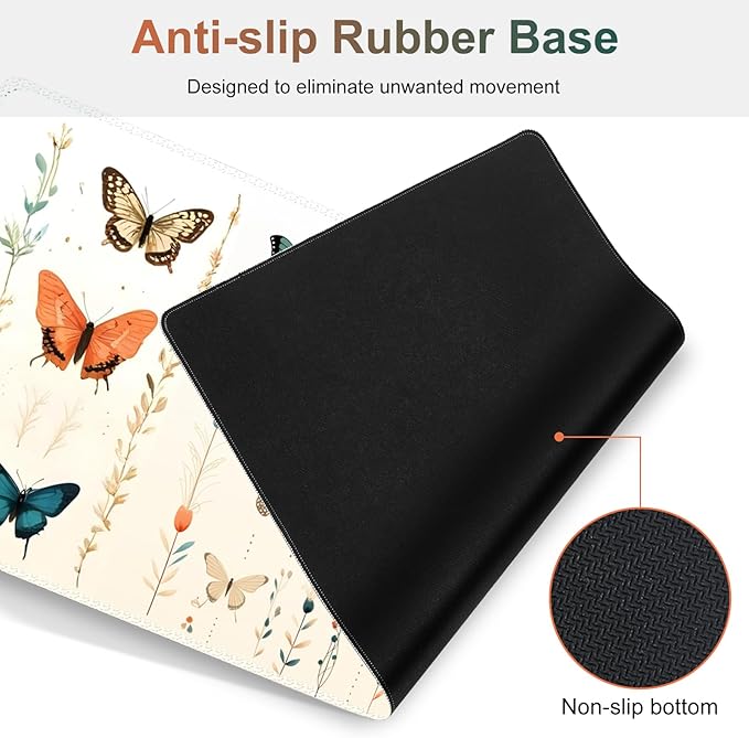 Desk Mat Gaming Mouse Pad, Cute Desk Matt Keyboard Wrist Rest for Desktop, Anti-Slip Mousepad with Stitched Edges, XXL Large Mouse Pad with Wrist Support for Desk Computer I Beige Buttefly