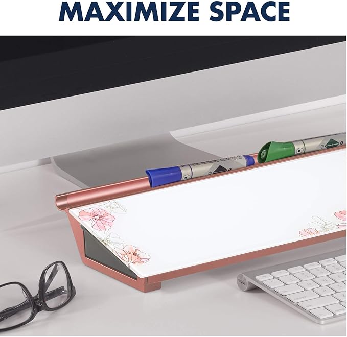 Quartet Glass Dry Erase White Board, Desktop Computer Pad for Notetaking, 18" x 6" Whiteboard, Clean Erase Surface with Storage, 1 Dry Erase Marker, Floral Pattern (GDP186P)