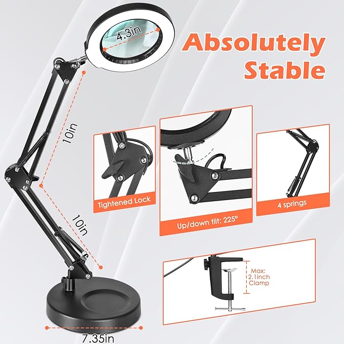 10X Magnifying Glass with Light and Stand, Real Glass Lens Magnifying Desk Lamp, Lighted Magnifier with Light Stepless Dimming Hands Free for Craft, Reading, Painting, Sewing, Solder