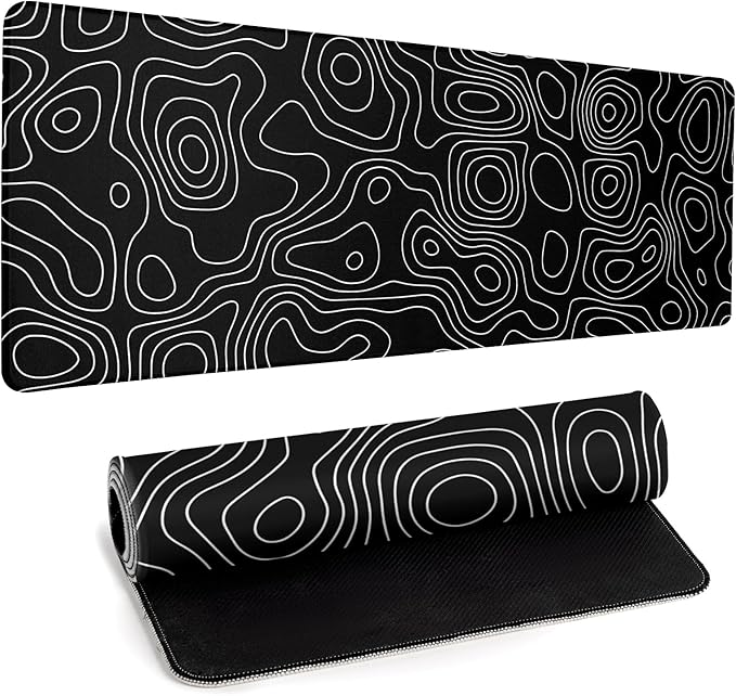 Black Topography Contour Gaming Mouse Pad Large Anime Topographic Map Mousepad Extended Mouse Pad Gaming Big Desk Pad Keyboard Pad with Stitched Edge Non-Slip Rubber Base