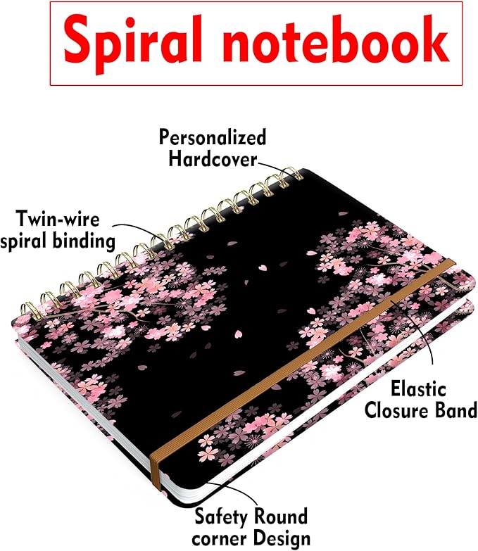 Spiral Journal Notebook for Women, Hardcover A5 College Ruled Notebook, 60 Sheet, Thick Paper, Cute Lined Journal for School, Office & Work, 6 x 8.4 in(Cherry Blossoms Spring)