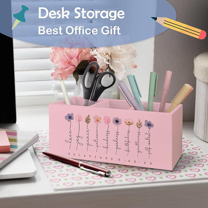 SNNDER Christian Pen Holder for Desk, Religious Christian Gifts for Women, Floral Boho Christian Bible Verses Wooden Pen Pencil Holder Organizer for Home Office Desk Accessories(PINK)
