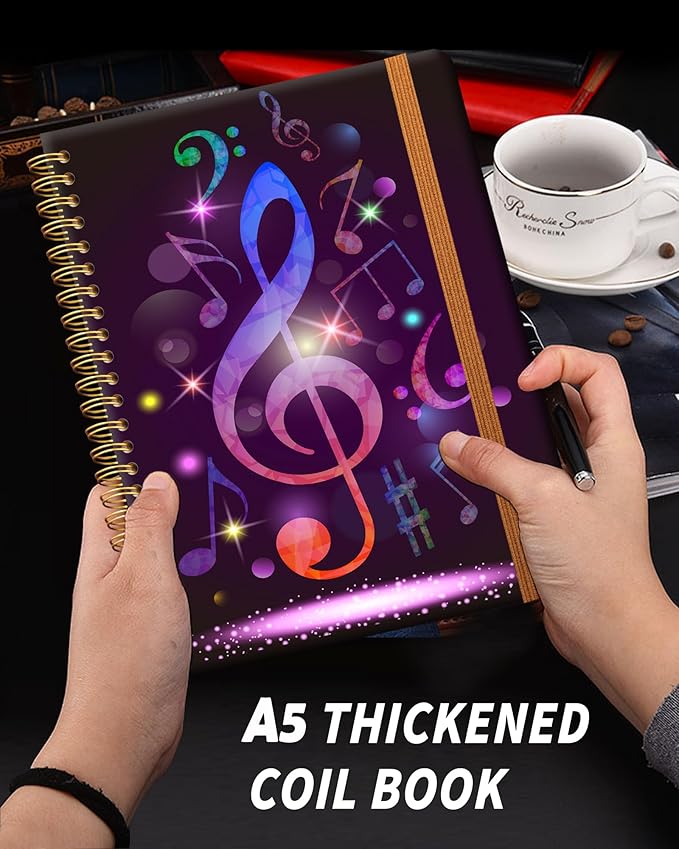 Ruled Spiral Writing Notebook,A5 Hardcover Lined College Journal for Women,Strong Twin-Wire Binding with Premium Paper,8.4" X 6",Perfect for School,Office,Home(Colorful Purple Music)