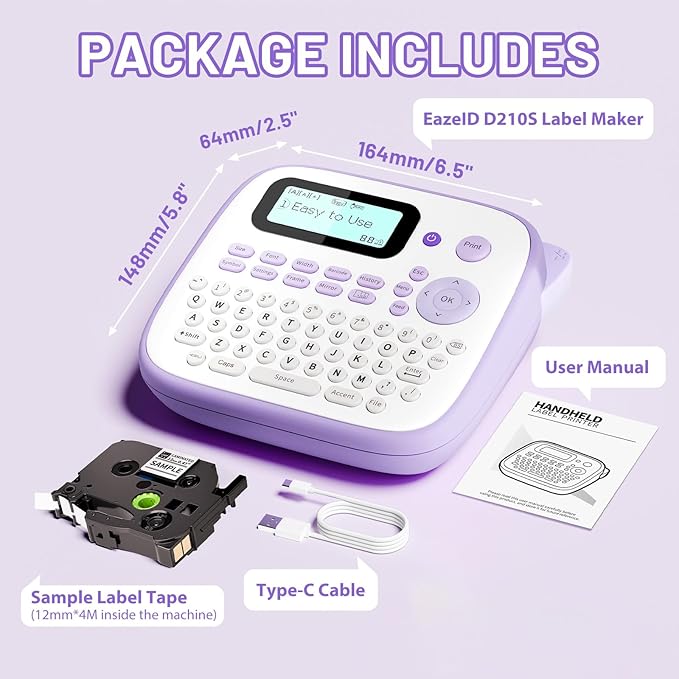 Label Maker Machine with-Tape Waterproof, Purple Desktop Label Maker for Teachers Kids Classroom, Portable Labeler with Multiple Symbols &Fonts for Home Office School Use, D210S