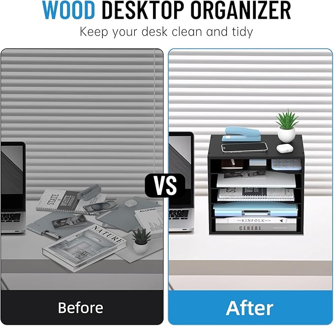 5-Tier Wood Desk Organizer, Paper Tray Organizer for Desk with Adjustable Storage Shelves, Desktop Paper Sorter Mail Holder for Office Home Classroom, Black