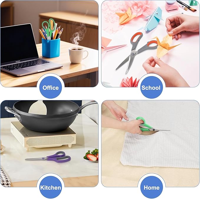 EKKEDO 6 Pack All Purpose Scissors, 8.3" Stainless Steel Scissor With Ergonomic Soft-Grip Handles, Sharp Blades Scissors for Office, School, Kitchen, Crafts, Sewing, Left and Right Hand Use (6 Colors)