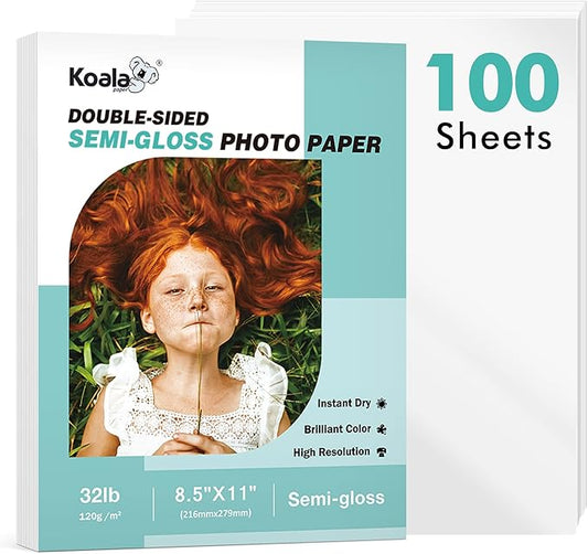 Koala Thin Double Sided Semi-Gloss Photo Paper 8.5X11 Inch 100 Sheets 32LB for Inkjet and Laser Printer for Menu Flyer Print