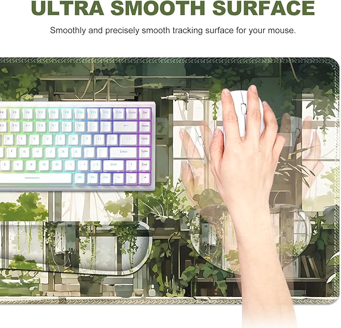 Large Mouse Pad and Keyboard Wrist Rest, Extended Mouse Pad with Wrist Support Ergonomic, Non-Slip Desk Mat, Desk Protector Blotter for Home Office, Window Green Plants