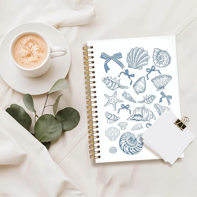Blue Bow Cute Beachy Notebook for Girls Women, Beach School Supplies, Blue Coquette Beach Seashell Spiral Notepad A5, Ocean Vibes Writing Journal for Teens 5.5x8.3