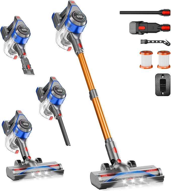 BSNAW Cordless Stick Vacuum Cleaner - Rechargeable, Powerful Vacuums with Detachable Battery Display, Max 45Mins Runtime, 8 in 1 Handheld Vacuum for Hardfloor & Carpets Pet Hair, 45Kpa Yellow