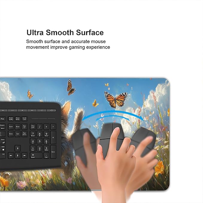 Cute Cats Desk Pad Mouse Pad Watercolor Flowers Butterflies Mouse Pad Large Mousepad Extended Laptop Keyboard Mat Gaming Desk Pad Mouse Mat Office Computer Keyboard Laptop Home 31.5"x11.8"