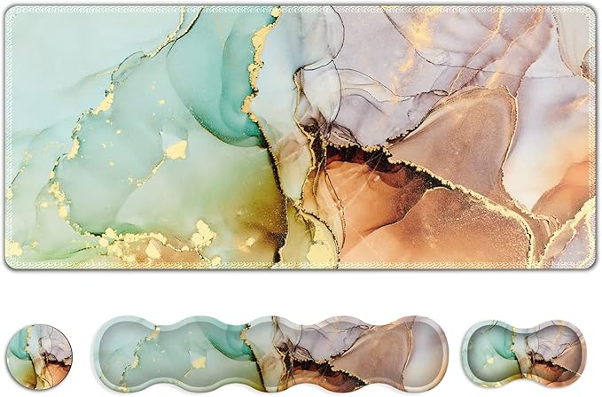 Upgraded Extended Gaming Mouse Pad, Keyboard Wrist Rest Pad, Wrist Support Mousepad Set, Artso Large Rubber Base Stitched Edges Desk Pad (35 x15.5 in) for Office, Home,Abstract Art Marble