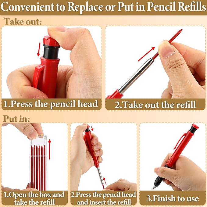 OwnMy Mechanical Carpenter Pencil Set - 3 Carpenter Pencils with 36PCS 2.8mm Refills & Built-in Sharpener, Heavy Duty Construction Pencils Deep Hole Marking Pencil for Woodworking