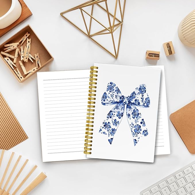 LiTiu Coquette Preppy Notebook, Girly Style Aesthetic Spiral Journaling Notebook for School Teen Girls, Blue Bow Preppy Funky Hardcover Spiral Notebook 80 Sheets 5.8x8.3