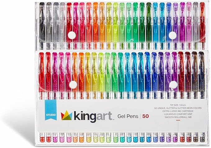 KINGART 400-50 Glitter Rollerball Gel Pens, 50 Sparkling Colors with Soft-Grip Comfort, XL Ink Cartridge - More Ink, Great for All Ages, Writing, Coloring, Doodling, Scrapbooking, Journaling & More