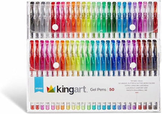 KINGART 400-50 Glitter Rollerball Gel Pens, 50 Sparkling Colors with Soft-Grip Comfort, XL Ink Cartridge - More Ink, Great for All Ages, Writing, Coloring, Doodling, Scrapbooking, Journaling & More