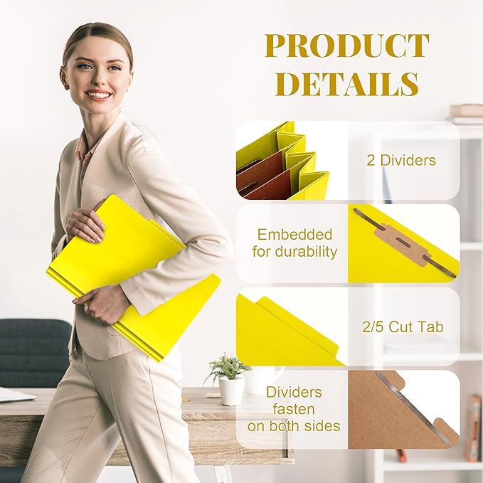 48 Pcs Classification Folders Letter Size, 2 Divider Pressboard File Folders with 3. 5 Inch Expansion, 2 Prongs Fastener, Heavy Duty Office File Organizers for Teachers, Medical (Yellow)
