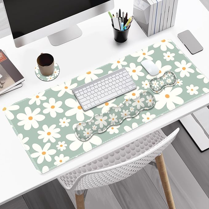 Desk Mat Gaming Mouse Pad, Cute Desk Matt Keyboard Wrist Rest for Desktop, Anti-Slip Big Mousepad Stitched Edges, XXL Large Mouse Pad with Wrist Support for Home Office Computer I Morandi Daisy