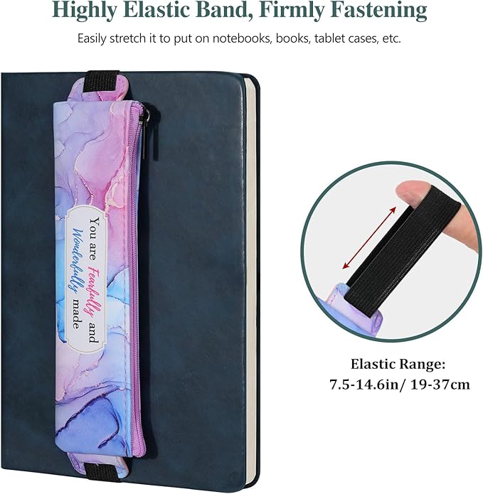MoKo Elastic Pen Holder for Notebook, 4 Pieces PU Leather Pencil Case with Adjustable Band, Stationery School Supplies Zipper Bag for Planners, Journals, Book, Marble Patterns