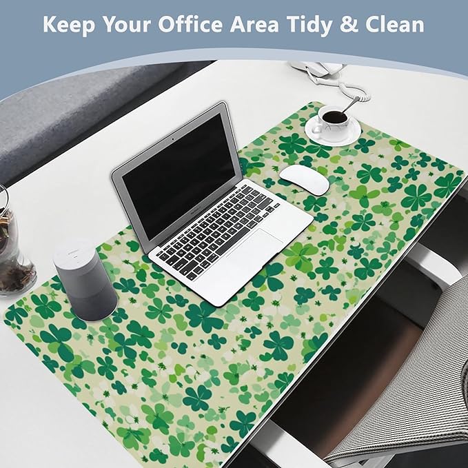 Mouse Pad Desk Mat Leather Desk Pad Large Gaming Desk Cover Protector Mat for Keyboard Computer Laptop Office Waterproof 47.2 x 23.6 Inch Saint Patricks Green Clovers