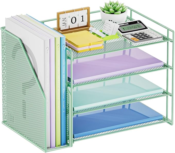 Marbrasse Desk Organizer and Accessories，4-Tier Paper Letter Tray Organizer with File Holder，Desk Accessories & Workspace Desktop Organizers for School Home Office Supplies (Green)