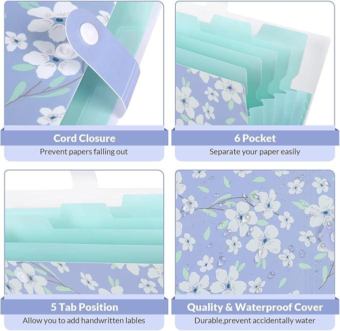 SKYDUE Expanding File Folder with 6 Pockets, Floral Accordion File Organizer for Important Document, Expandable Receipt Paper Holder, School Office Supplies Purple