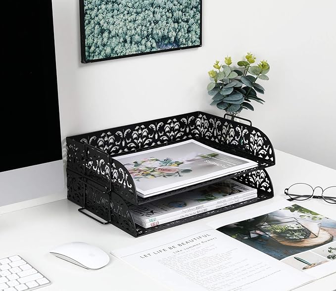 EasyPAG Paper Organizer for Desk 2 Tier Stackable Paper Tray for A4 Legal Size Folders Metal File Storage Desktop Organizer for Home Office School Teacher, Black