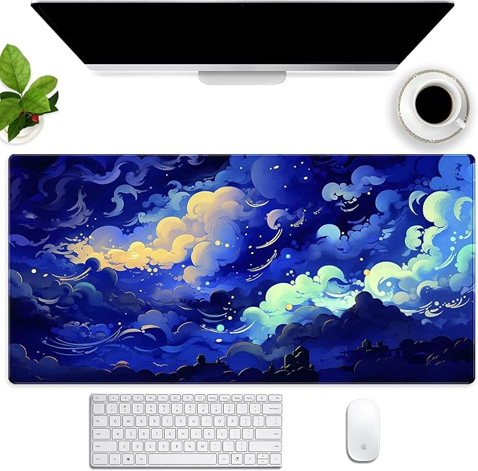 XL Desk Pad Mat (31.5"x15.7") - Kawaii Dark Blue Clouds Sky Aesthetic, Non-Slip Gaming Mouse Pad with Stitched Edges, Cute Office Decor