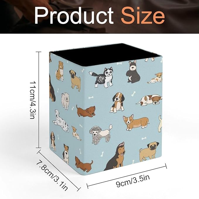 Square Pen Holder & Pencil Organizer for Desk - Office Storage Organizer, Markers/Makeup Brushes/Scissors Holder, Compact Desk Decor Accessories for Home Classroom School(Doodle puppy dog)