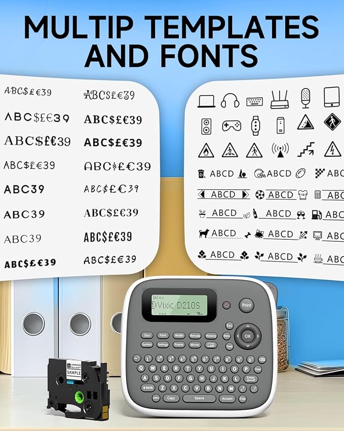 Vixic Label Makers, Label Maker Machine with-Tape 12mm 0.47 Laminated White, D210S Portable Label Maker with Keyboard, Labeling Machine with Multiple Fonts for Home Office Organization