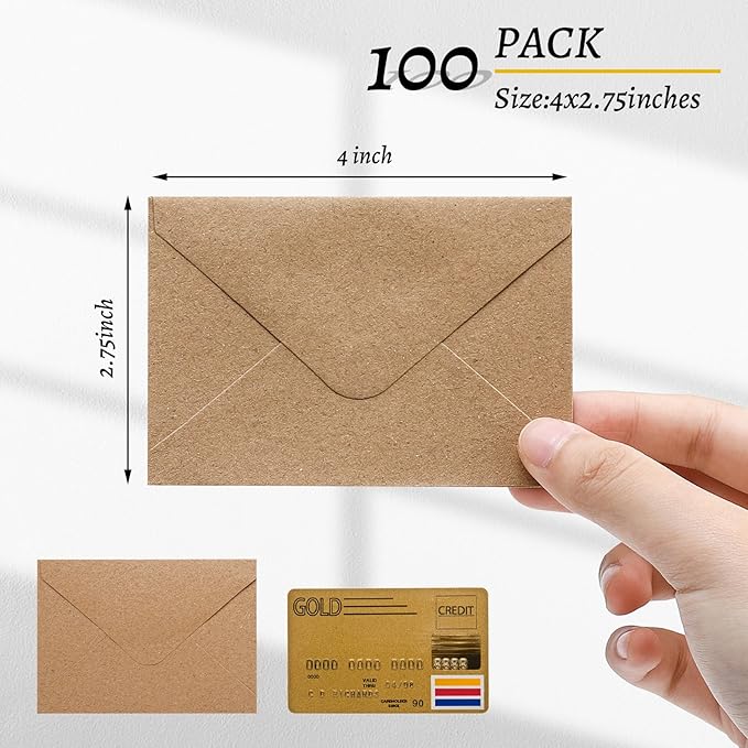 100 Pack 4 x 2.75" Mini Envelopes 120GSM Gift Card Kraft Envelopes Bulk Small Paper Gift Card Sleeves Greeting Card Business Card Brown Tiny Envelope Pockets for Card & Invitation