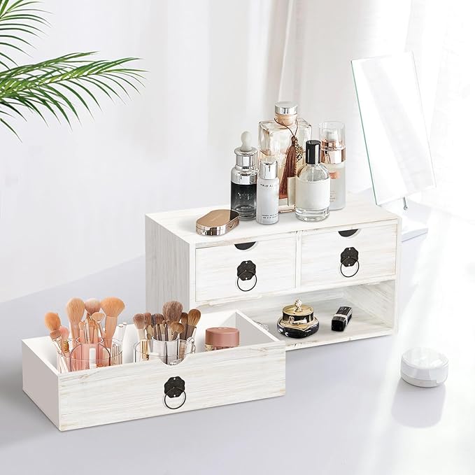Wood Desk Organizer with Drawer, White Wooden Desktop Organizer, Tabletop Storage Organization Box for Countertop, Home Office Supplies (3 Drawer)