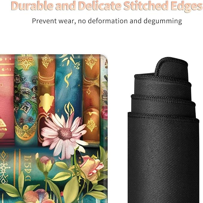 Desk Mat XL Mouse Pad + Coaster, Large Gaming Mouse Pad (31.5x11.8 inch) with Stitched Edges, Extended Mouse Mat Keybroad Mousepad Non-Slip Rubber for Gamer Men Women, Magic Books Flowers