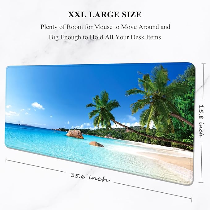 Auhoahsil Large Gaming Mouse Pad, Beach Theme XXL 35.4 x 15.7 in Desk Pad Stitched Non-Slip Rubber Long Computer Mousepad Thin Extended Full Size Desk Mat for Desktop, Laptop, Wireless Mice, Blue