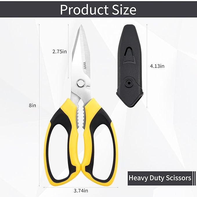 Scissors All Purpose Heavy Duty, 2 Pack Sharp Scissor with Large & Precision Serrations, 8'' Multipurpose Cutting Board Scissors with Special Clip, Wire Cutting Notch & Safety Cover, Yellow
