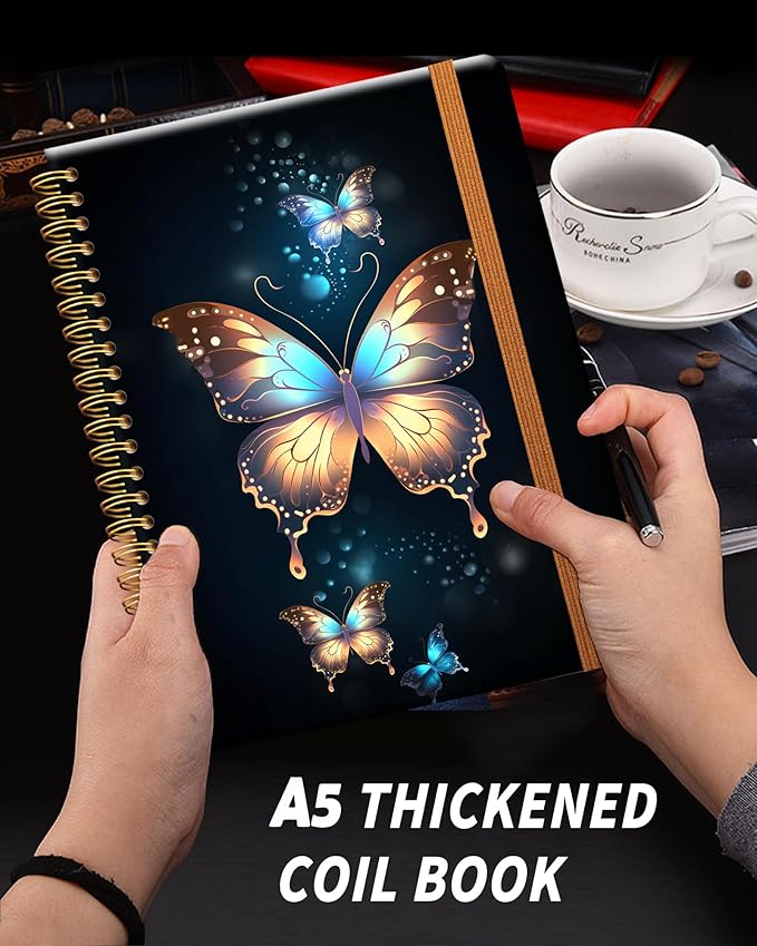 Ruled Spiral Writing Notebook,A5 Hardcover Lined College Journal for Women Lady Girl,Strong Twin-Wire Binding with Premium Paper,8.4" X 6",Perfect for School,Office,Home Gifts(beautiful butterfly)