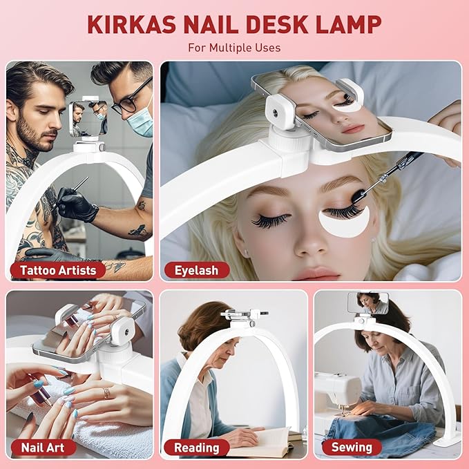KIRKAS Foldable Esthetician for Half Moon Light Nail Tech for Lash, Craft, Tattoo, Manicure, 29in Large Nail Desk Lamp 4700 Lumens Adjustable 3 Color Modes & 10 Brightness with Phone Stand-White